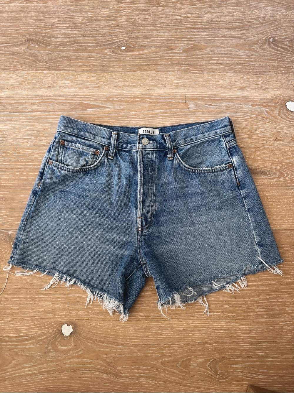 Agolde Parker Long Vintage Loose Cutoff Jean Shorts in Skywave Wash Denim